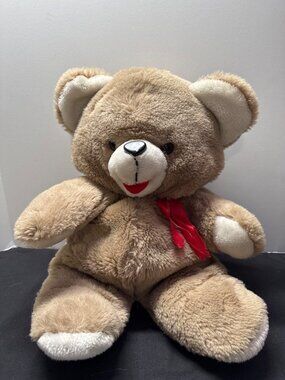 Vintage Superior Toy Plush Teddy Bear With Red Bow - 20" Soft Brown Stuffed Anim